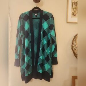 Lands' End Women's L Teal & Navy Argyle Long Sleeve Open-Front Cardigan Sweater